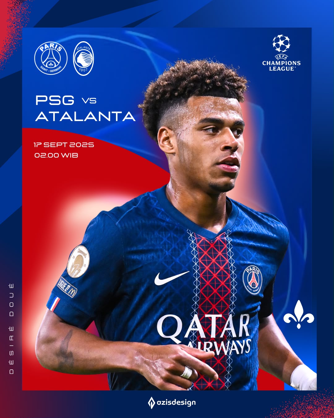 Exemple d'affiche 'Match Day' avec bandeau latéral et fond dégradé bleu-rouge