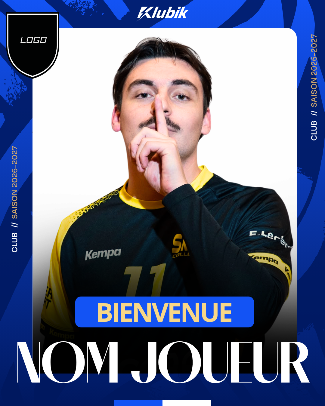Template gratuit 'Bienvenue' pour l'arrivée d'un nouveau joueur, avec logo à personnaliser